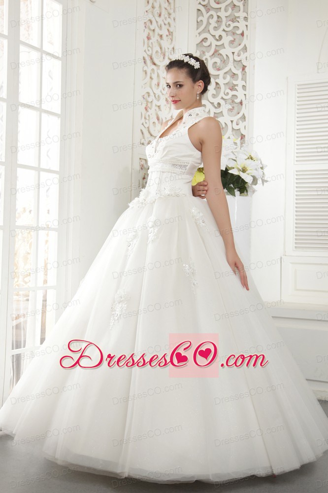 Wonderful A-line / Princess High-neck Long Tulle Beading Wedding Dress