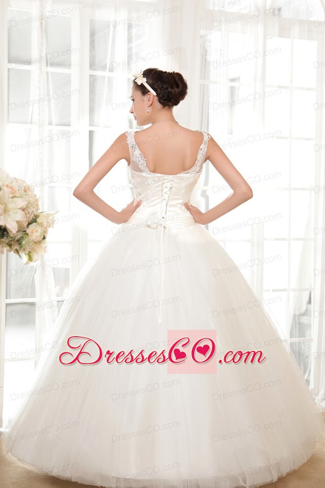 Simple A-line V-neck Long Tulle And Taffeta Appliques Wedding Dress