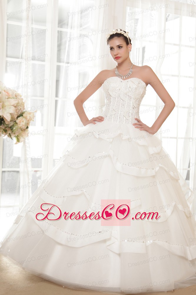 Elegant A-line Long Tulle And Taffeta Beading Wedding Dress
