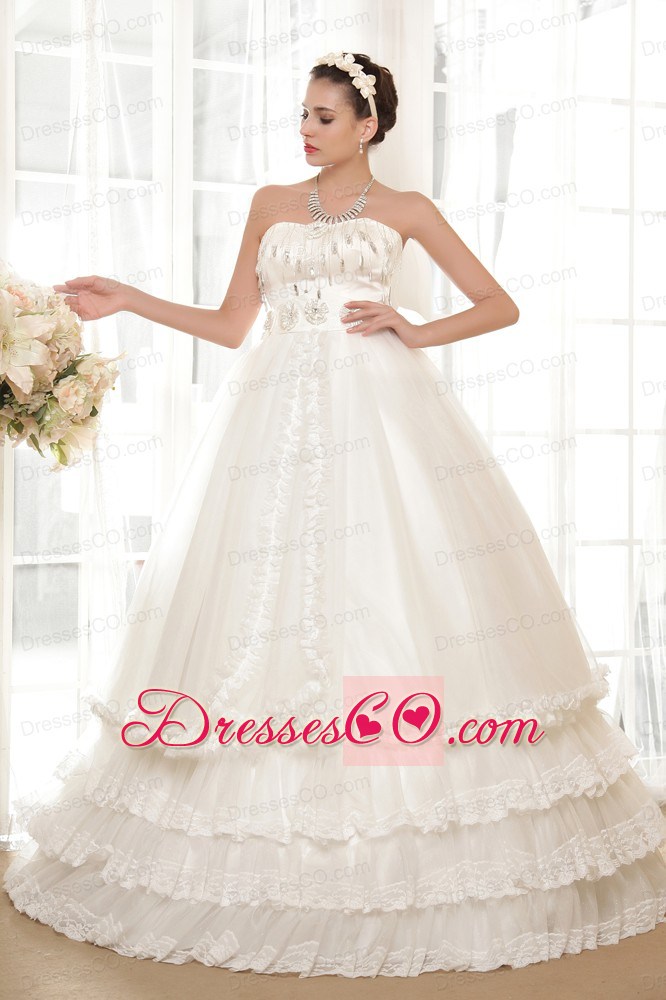 Luxurious A-line Strapless Long Tulle And Taffeta Hand Made Flowers And Beading Wedding Dress