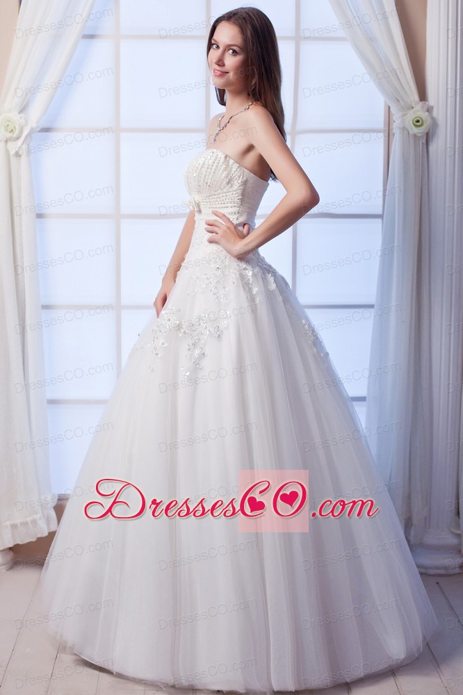 A-line Strapless Long Tulle Beading And Hand Made Flowers Wedding Dress