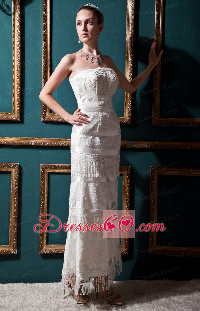 New Arrival Column Strapless Tea-length Special Fabric Beading And Lace Wedding Dress