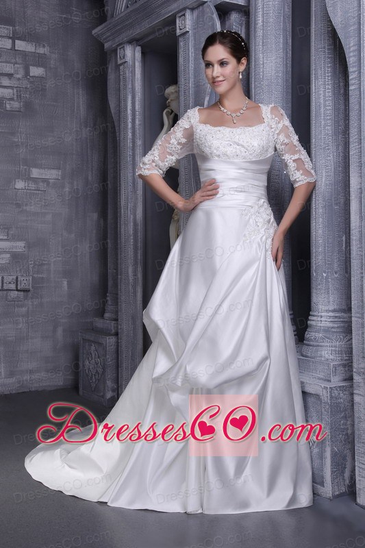 White A-line Square Chapel Taffeta Laces Wedding Dress