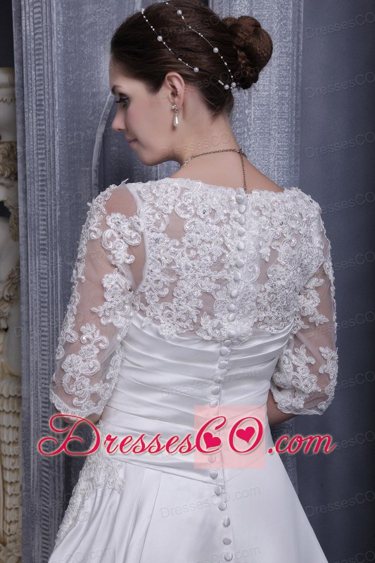 White A-line Square Chapel Taffeta Laces Wedding Dress