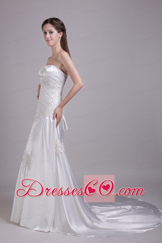 White Column/Sheath Strapless Brush Train Elastic Woven Satin Lace wedding Dress