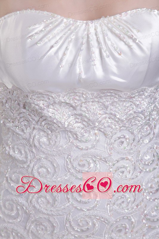 White Column/Sheath Strapless Brush Train Elastic Woven Satin Lace wedding Dress