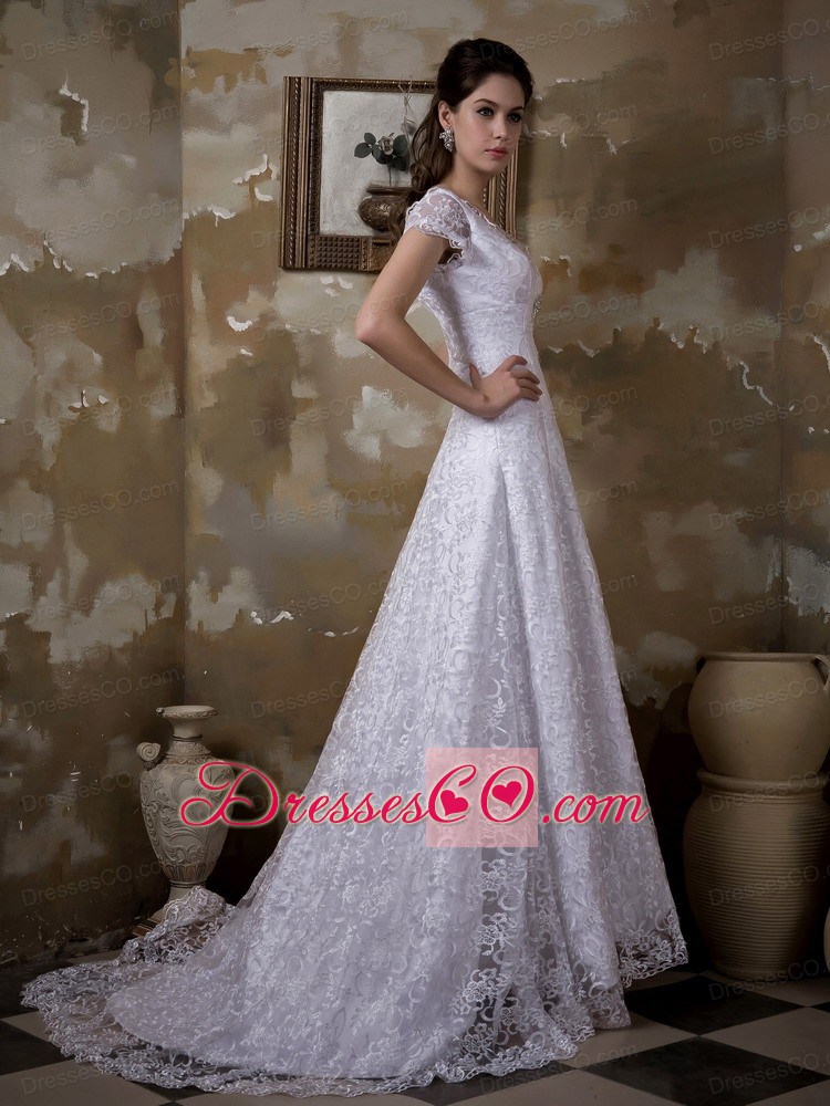 Luxurious A-line V-neck Brush Train Satin and Lace Wedding Dress