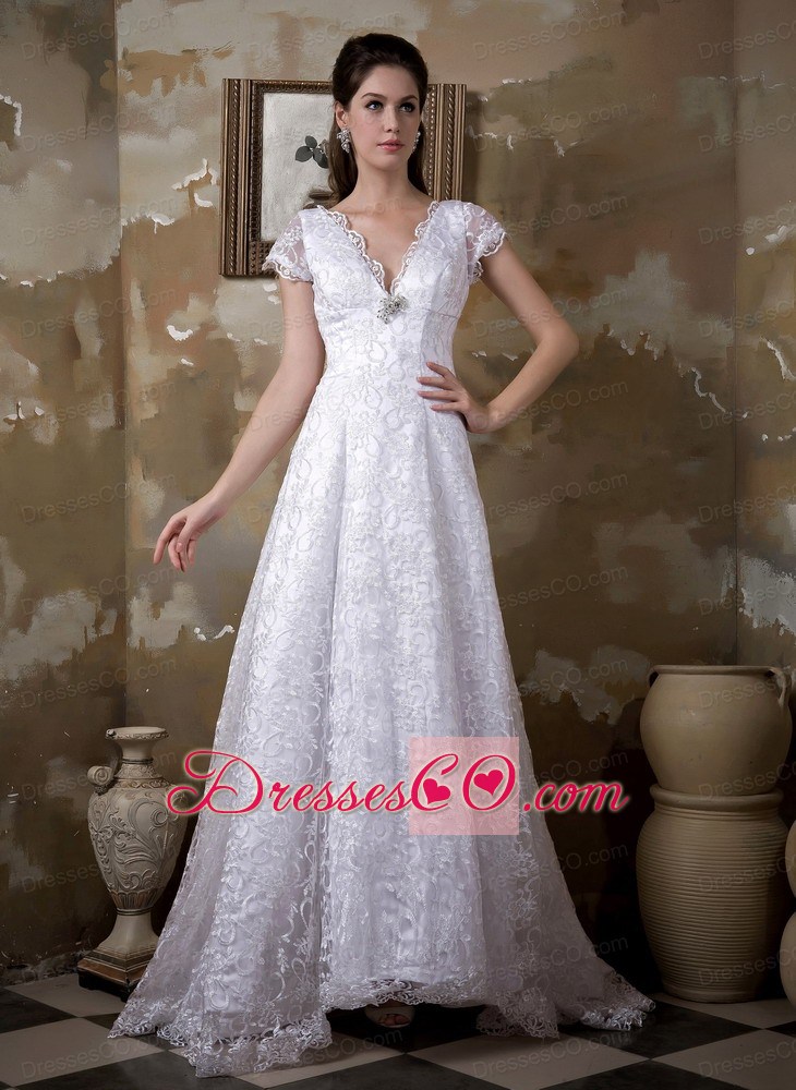 Luxurious A-line V-neck Brush Train Satin and Lace Wedding Dress