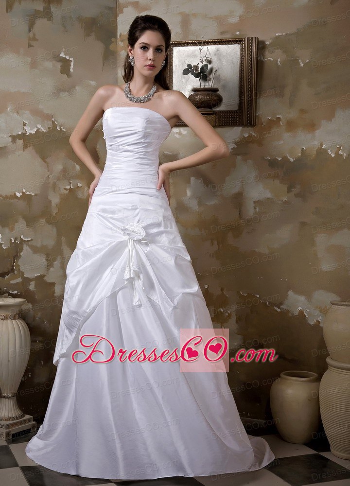 Simple A-line Strapless Brush Train Taffeta Hand Made Flower Wedding Dress