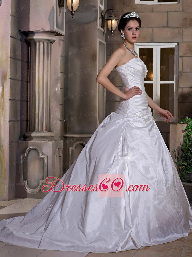 Modest Ball Gown Court Train Taffeta Hand Made Flowers Wedding Dress