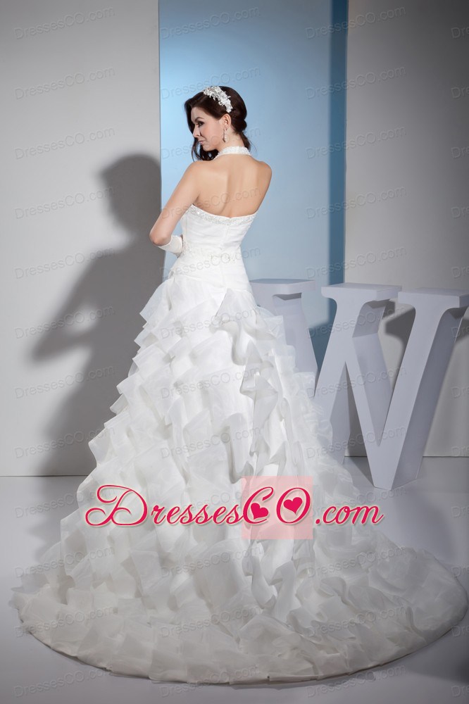Beading and Lace Ruffled Layers Halter A-line Court Train Wedding Dress