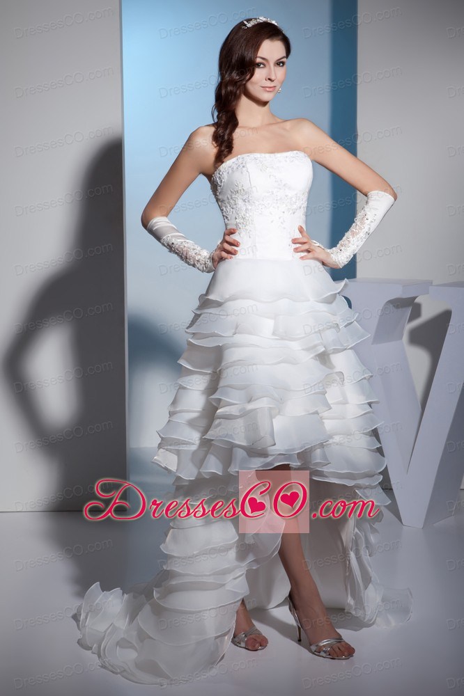 Lace and Ruffled Layers High-low Brush Train strapless Wedding Dress