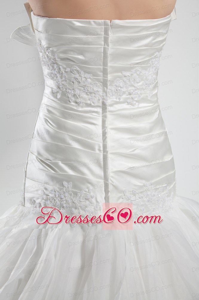 Appliques Pleats Strapless A-line Court Train Ruffled Layers Wedding Dress
