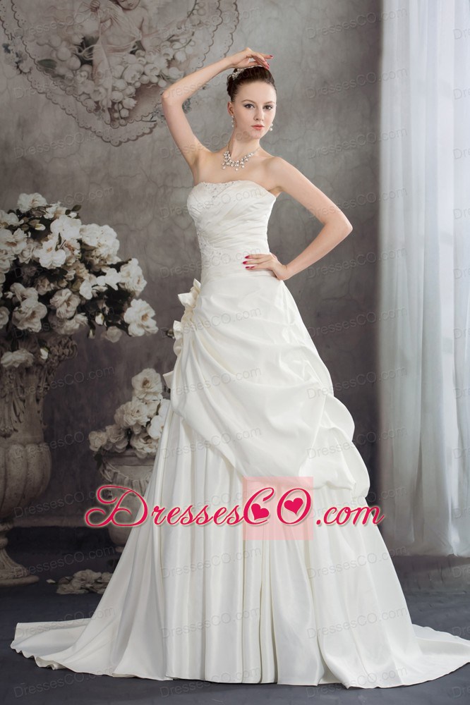A-line Strapless Hand Made Flowers Count Train Wedding Dress