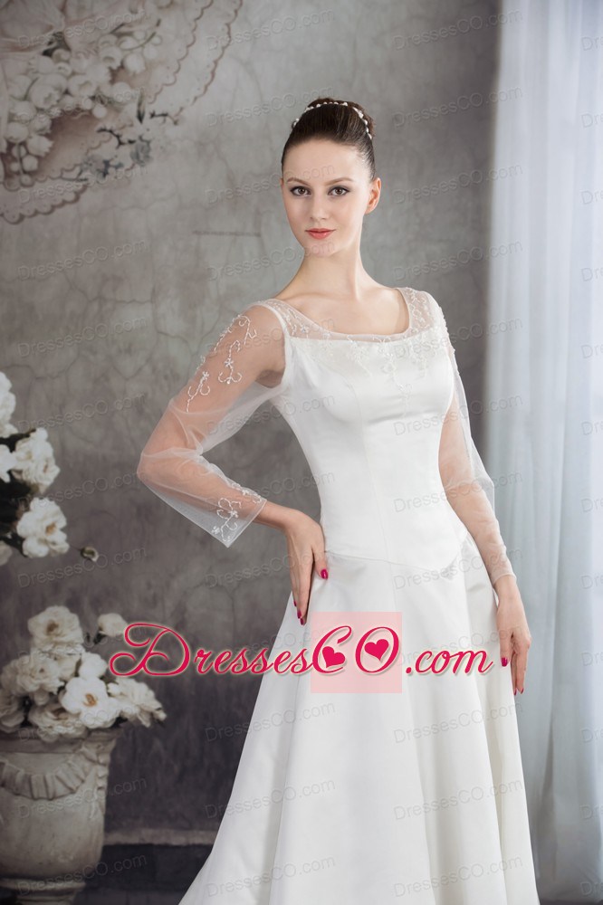 Scoop Long Sleeves Embroidery satin Wedding Dress