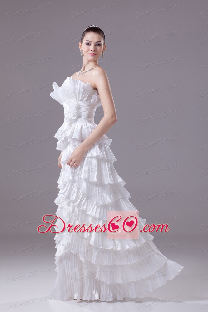 Ruffles and Pleat Strapless Column White long Wedding Dress