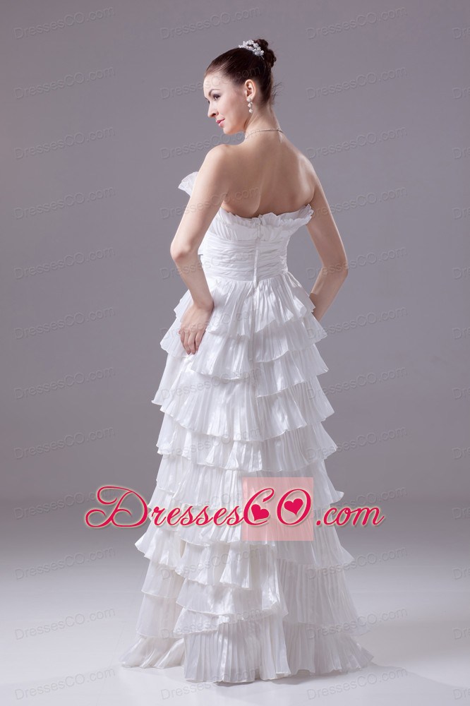 Ruffles and Pleat Strapless Column White long Wedding Dress