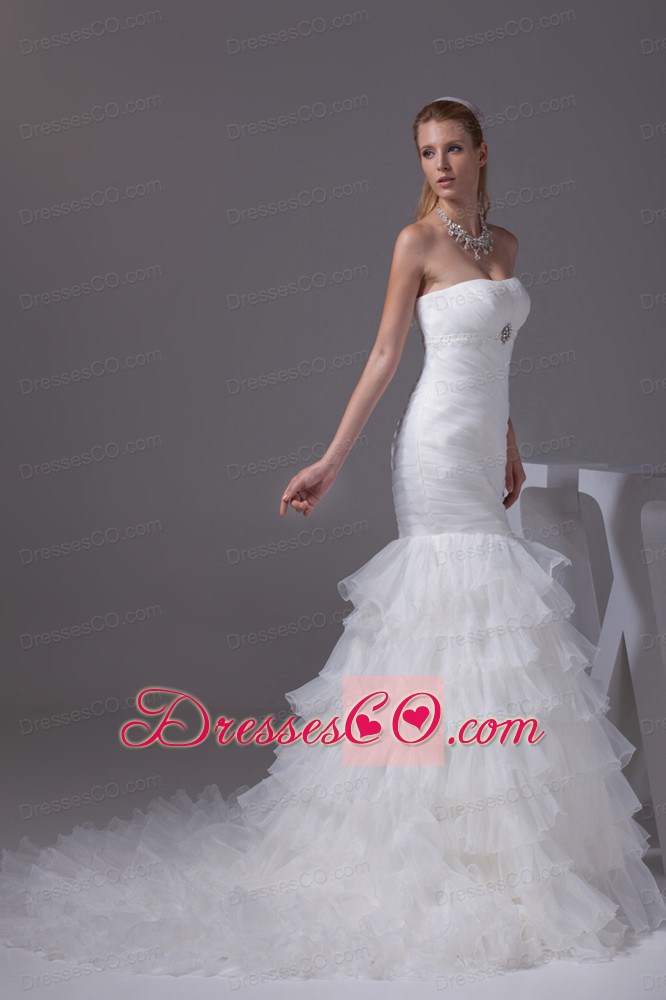 Beading Ruffled Layers Mermaid Strapless Wedding Dress