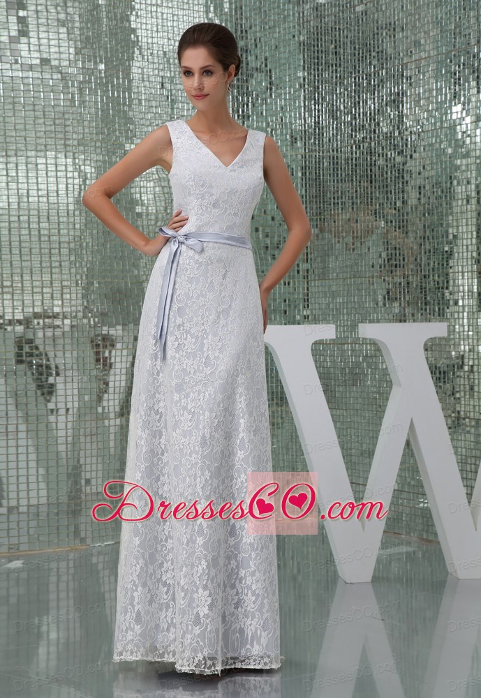 Column V-neck Sash Lace Long Wedding Dress