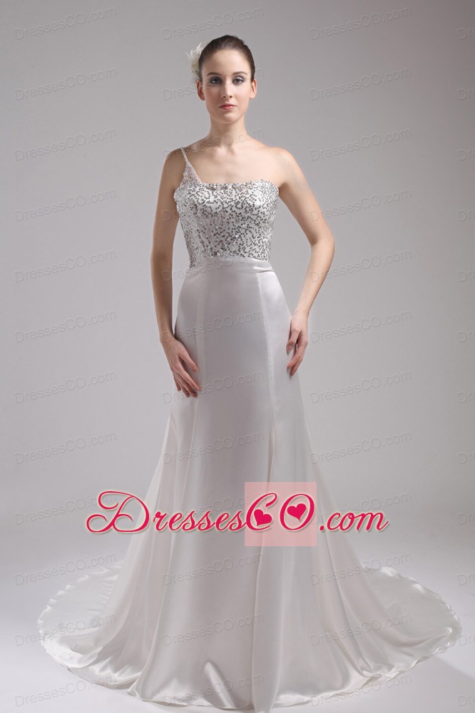 A-line One Shoulder Sequins Beading Wedding Dress