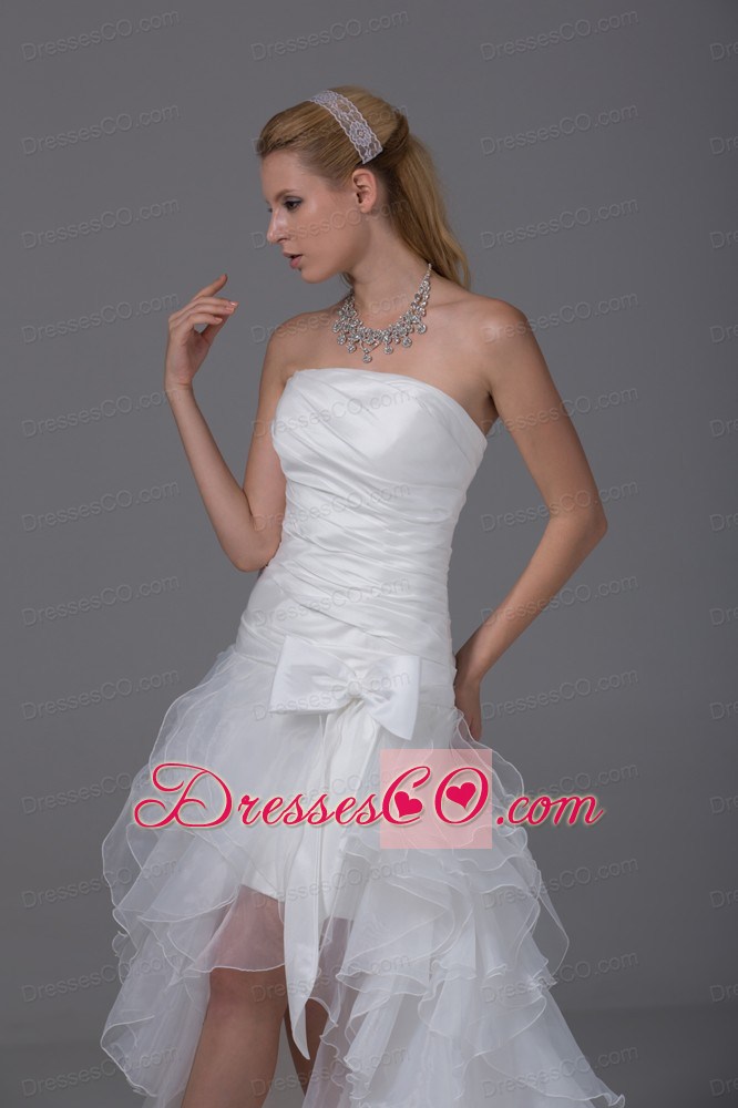 High-low Strapless Ruching Bow Organza Wedding Dress
