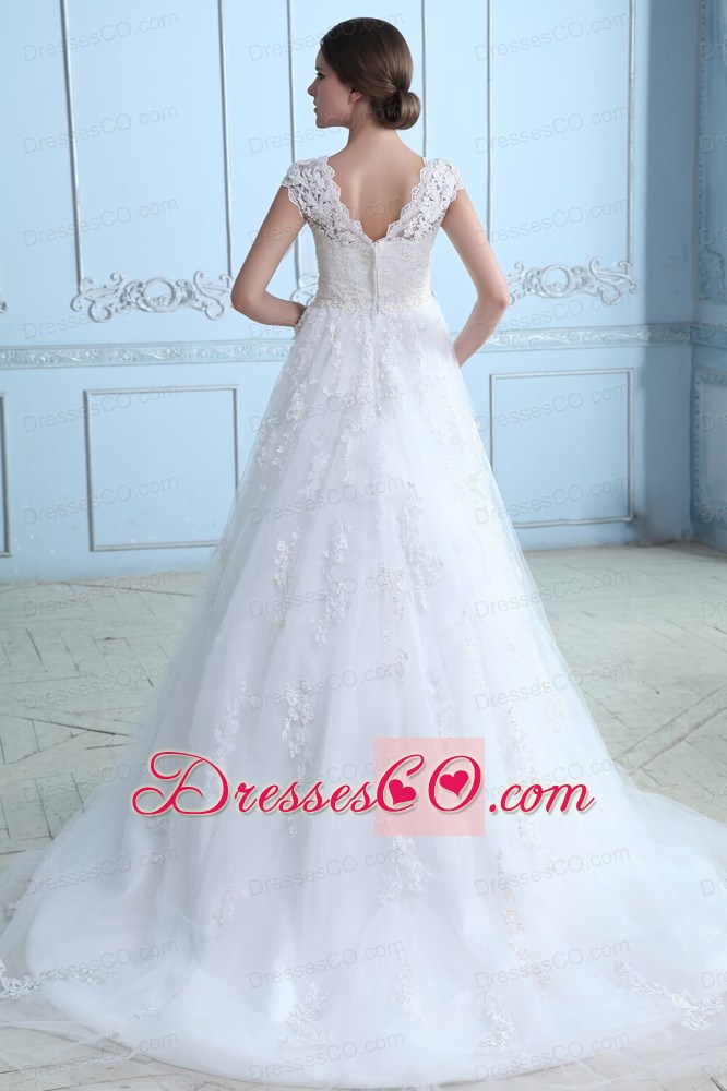 Vintage A-line V-neck Court Train Tulle Lace Wedding Dress