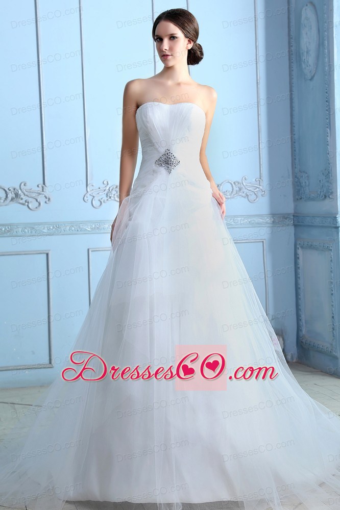 Pretty A-line Strapless Court Train Tulle Beading Wedding Dress