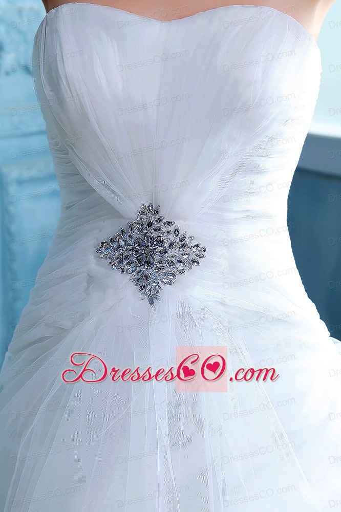 Pretty A-line Strapless Court Train Tulle Beading Wedding Dress
