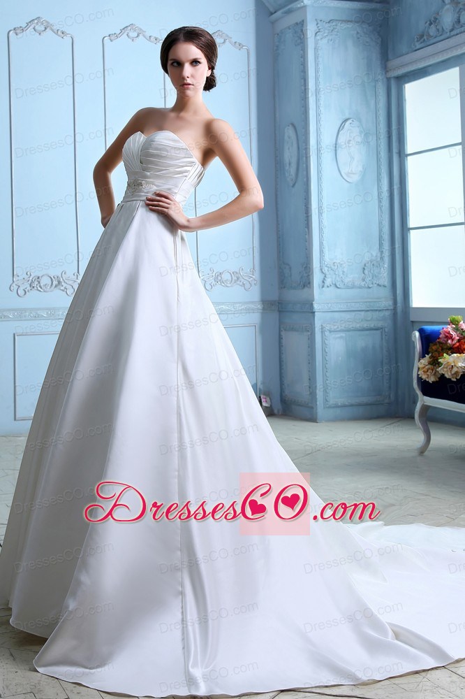 Unique A-line Court Train Satin Ruching and Beading Wedding Dress