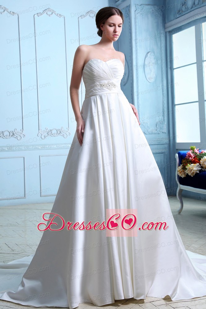 Unique A-line Court Train Satin Ruching and Beading Wedding Dress