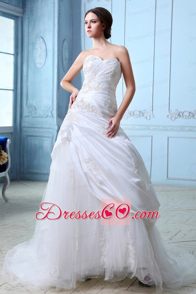 Sweet A-line Court Train Tulle Ruching and Appliques Wedding Dress