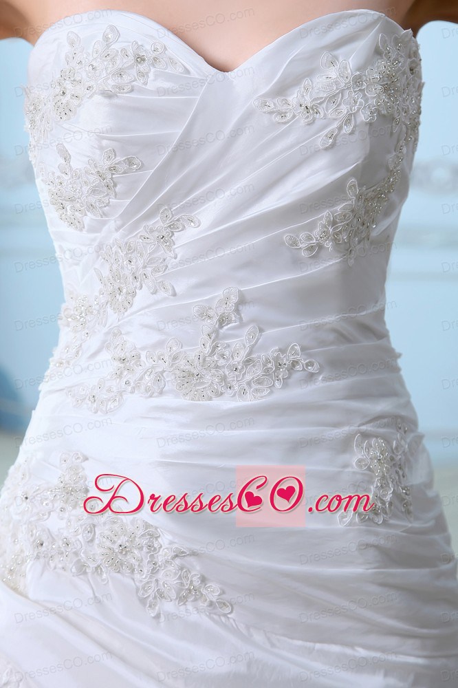 Sweet A-line Court Train Tulle Ruching and Appliques Wedding Dress