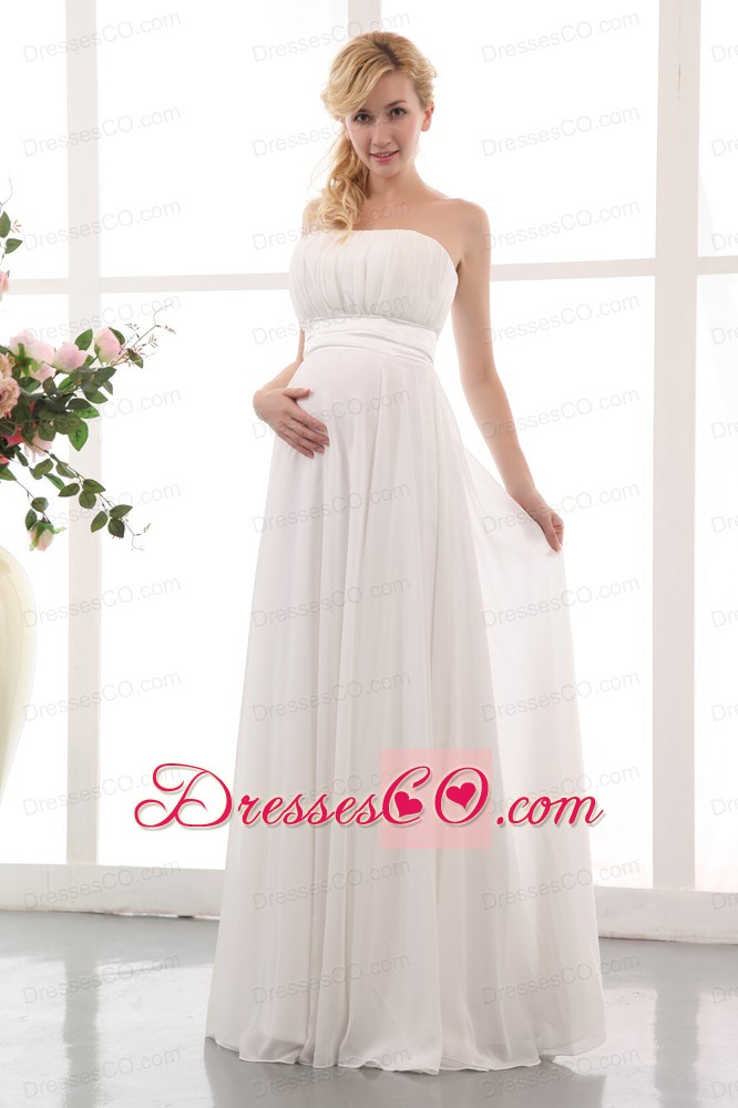 White Empire Strapless Long Chiffon Ruching Maternity Dress