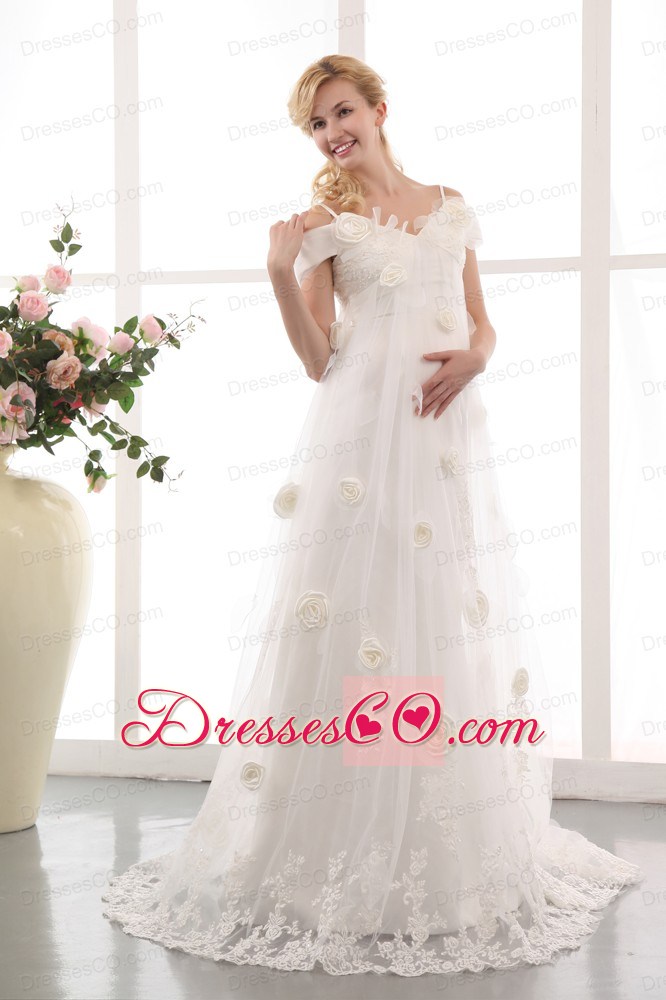 Modest A-line Off The Shoulder Court Train Tulle Appliques and Hand Made Flowers Maternity Dress
