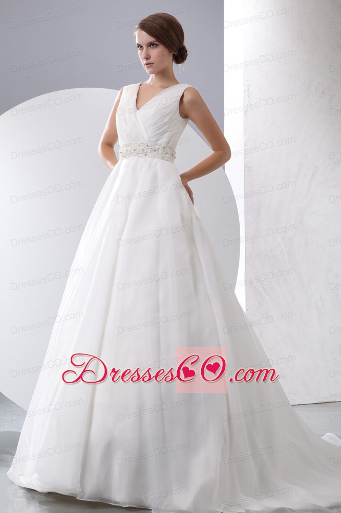 Gorgeous A-line V-neck Court Train Taffeta and Organza Ruching and Beading Wedding Dress