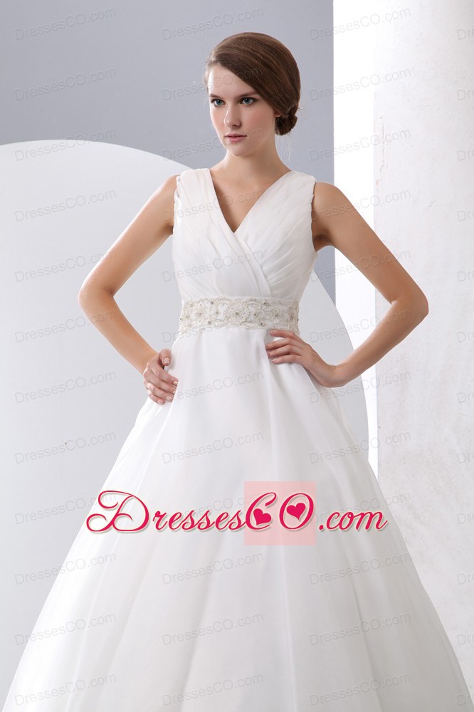 Gorgeous A-line V-neck Court Train Taffeta and Organza Ruching and Beading Wedding Dress