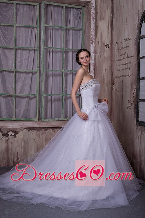 Simple A-line Strapless Chapel Train Beading Satin and Tulle Wedding Dress