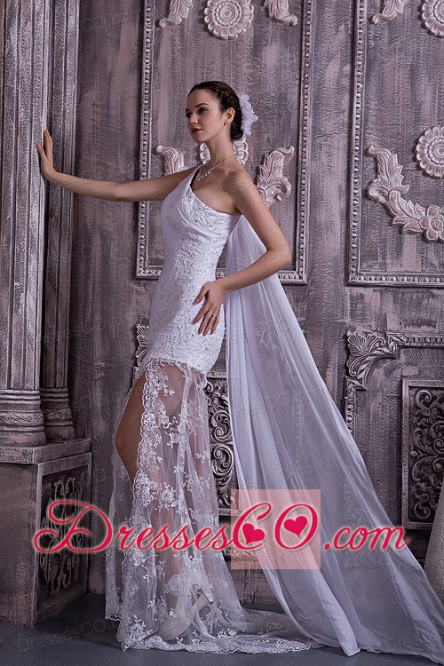 Customize Column / Sheath One Shoulder Watteau Train Lace Appliques With Beading Wedding Dress