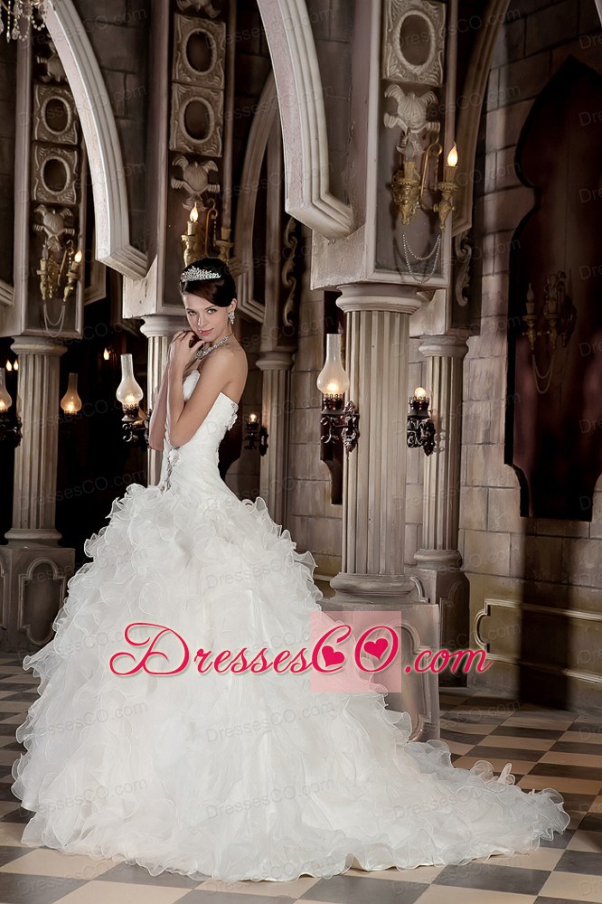 Beautiful Ball Gown Court Train Organza Beading and Ruffles Wedding Dress