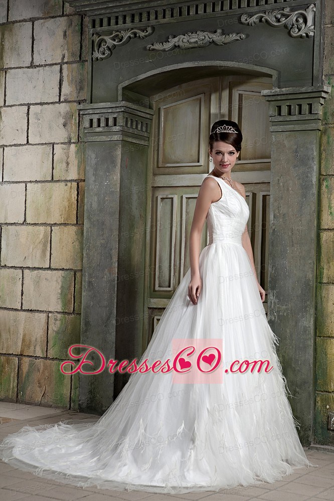 Beautiful A-line One Shoulder Court Train Tulle and Taffeta Feather Wedding Dress