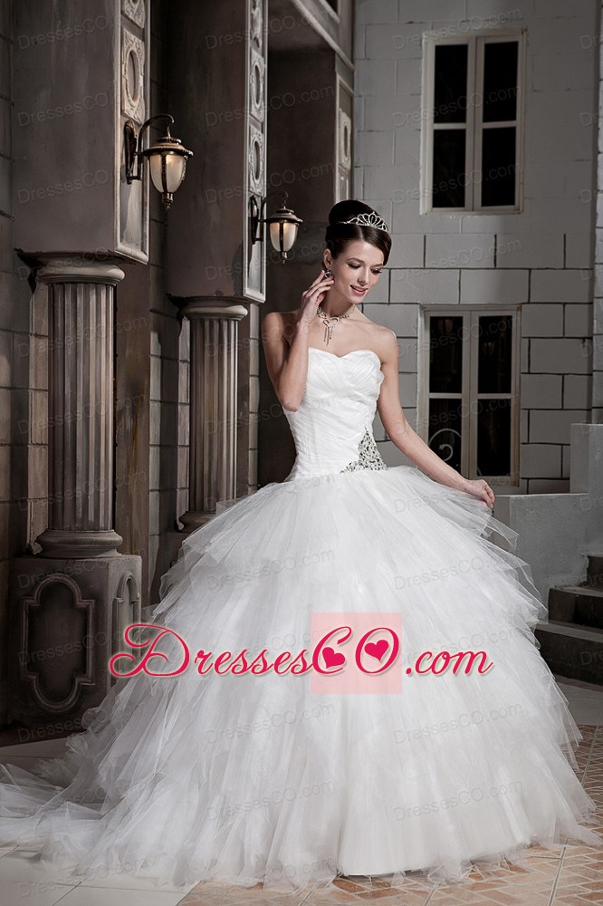 Beautiful Ball Gown Court Train Tulle and Taffeta Beading Wedding Dress