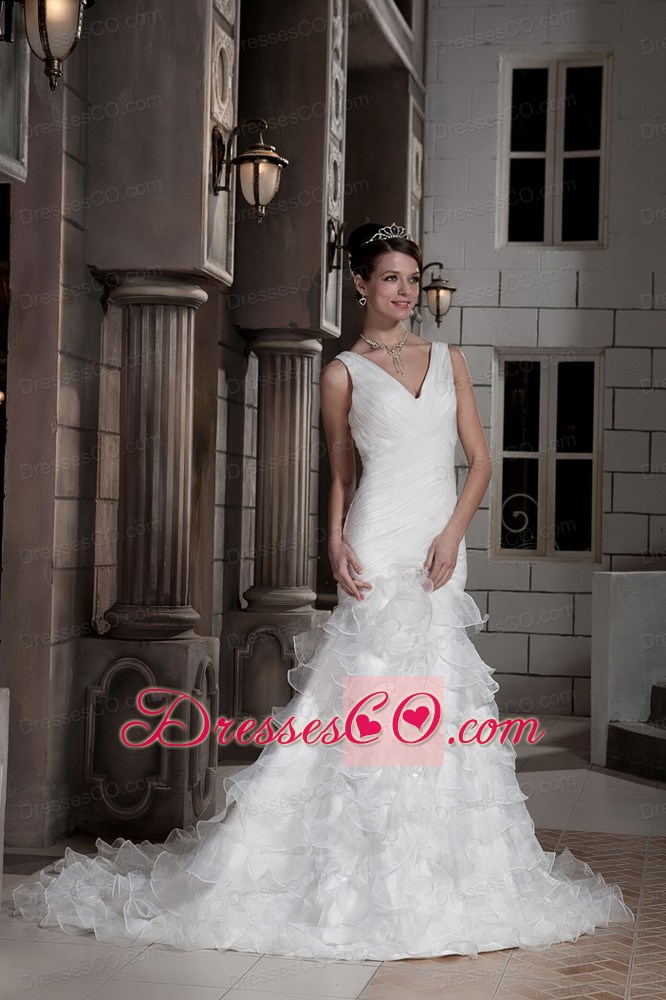 Sweet Column V-neck Court Train Organza Ruching and Ruffled Layers Wedding Dress