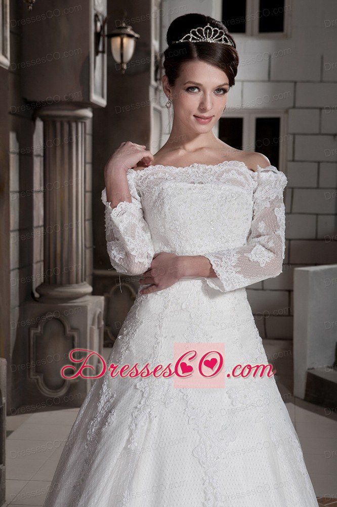 Lovely A-line / Princess Off The Shoulder Brush Train Lace Appliques Wedding Dress