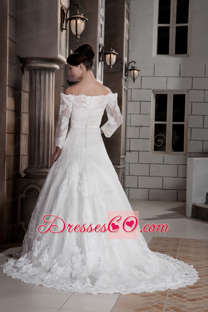 Lovely A-line / Princess Off The Shoulder Brush Train Lace Appliques Wedding Dress