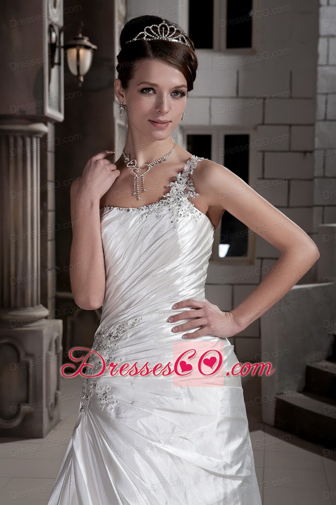 Brand New A-line / Princess One Shoulder Court Train Taffeta Ruching and Beading Wedding Dress