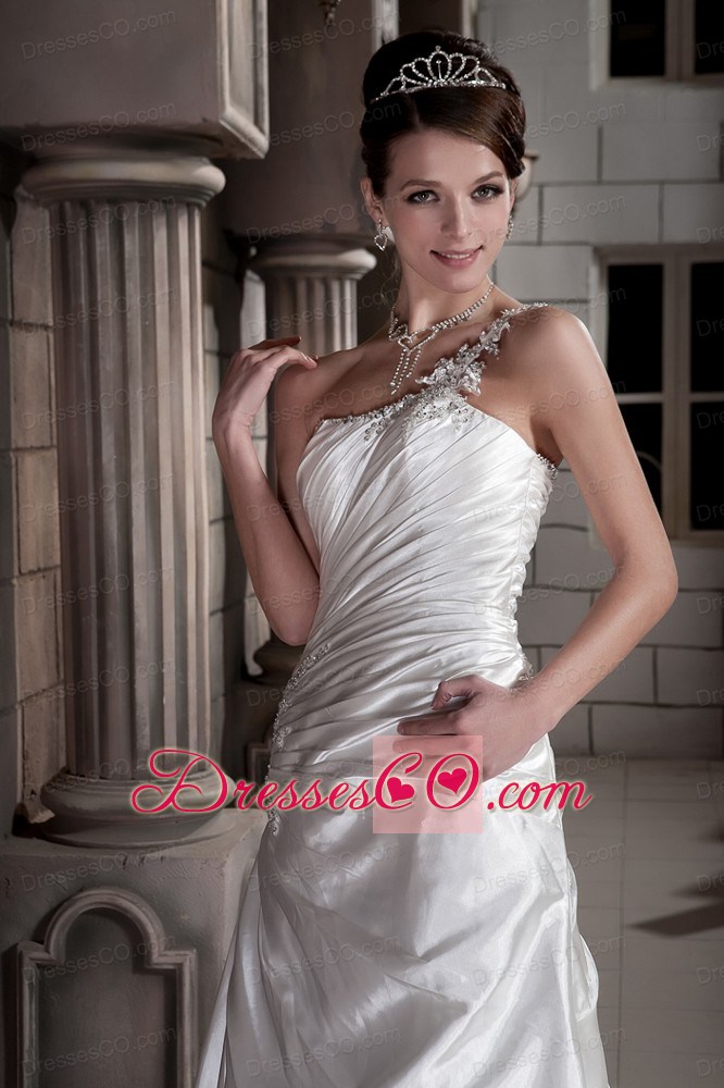 Brand New A-line / Princess One Shoulder Court Train Taffeta Ruching and Beading Wedding Dress