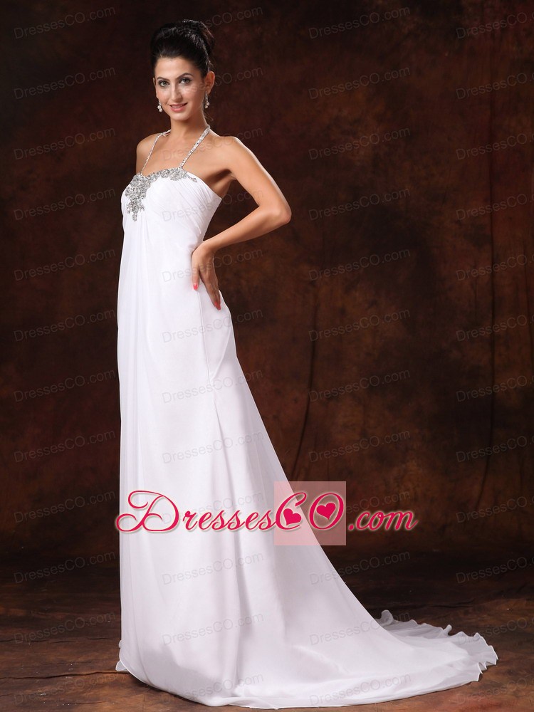 Halter Top Court Train Empire Wedding Dress With Appliques For Custom Made In 2013