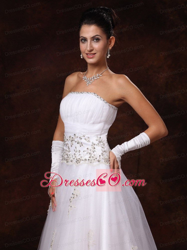 Tulle Strapless Appliques And Beaded Decorate Waist Court Train Garden Customize Wedding Dress