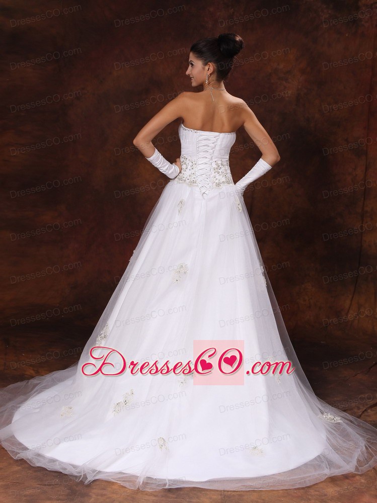 Tulle Strapless Appliques And Beaded Decorate Waist Court Train Garden Customize Wedding Dress