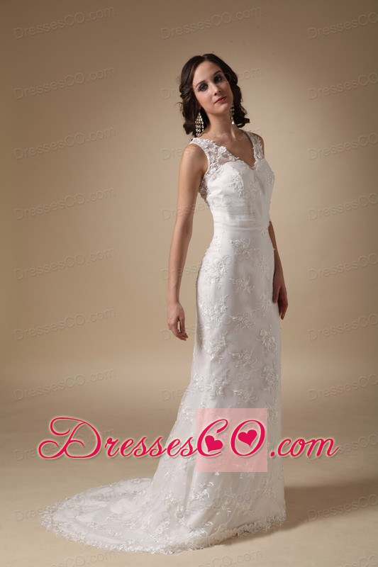 Pretty Column V-neck Brush Train Taffeta and Lace Wedding Dress